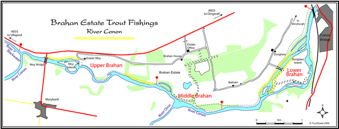brown trout fishing on the river conon, map of brahan fishings