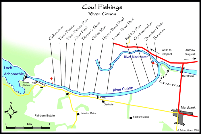 salmon fishing on the river conon, map of coul fishings