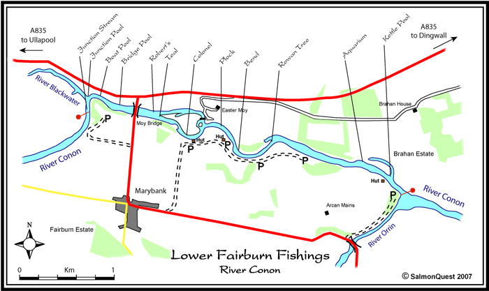 salmon fishing on the river conon, map of lower fairburn fishings