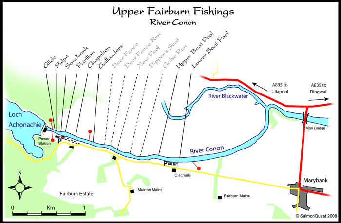 salmon fishing on the river conon, map of upper fairburn fishings